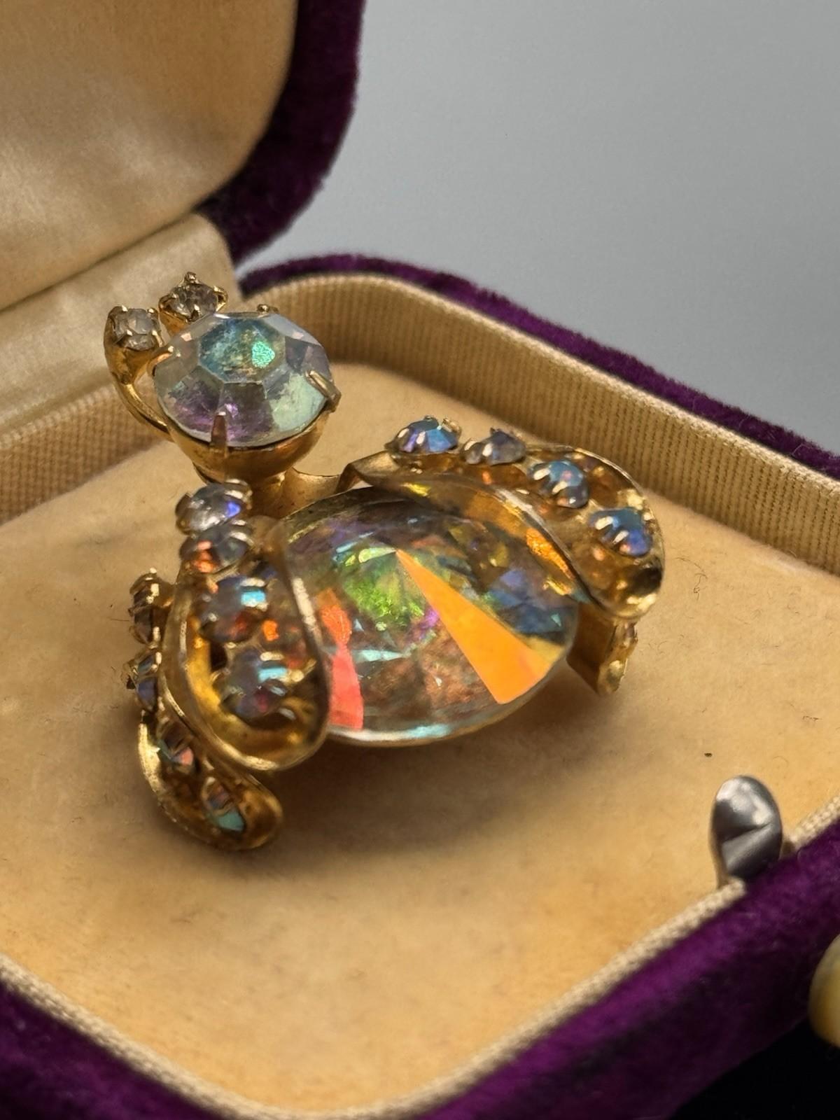 Weiss Bug Brooch Rhinestone AB Crystal Domed Figural Goldtone 1.25”