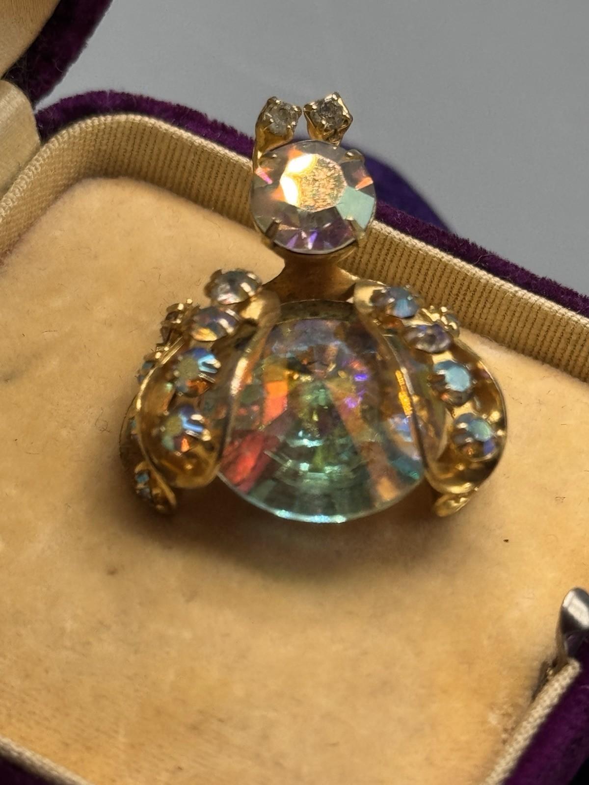 Weiss Bug Brooch Rhinestone AB Crystal Domed Figural Goldtone 1.25”