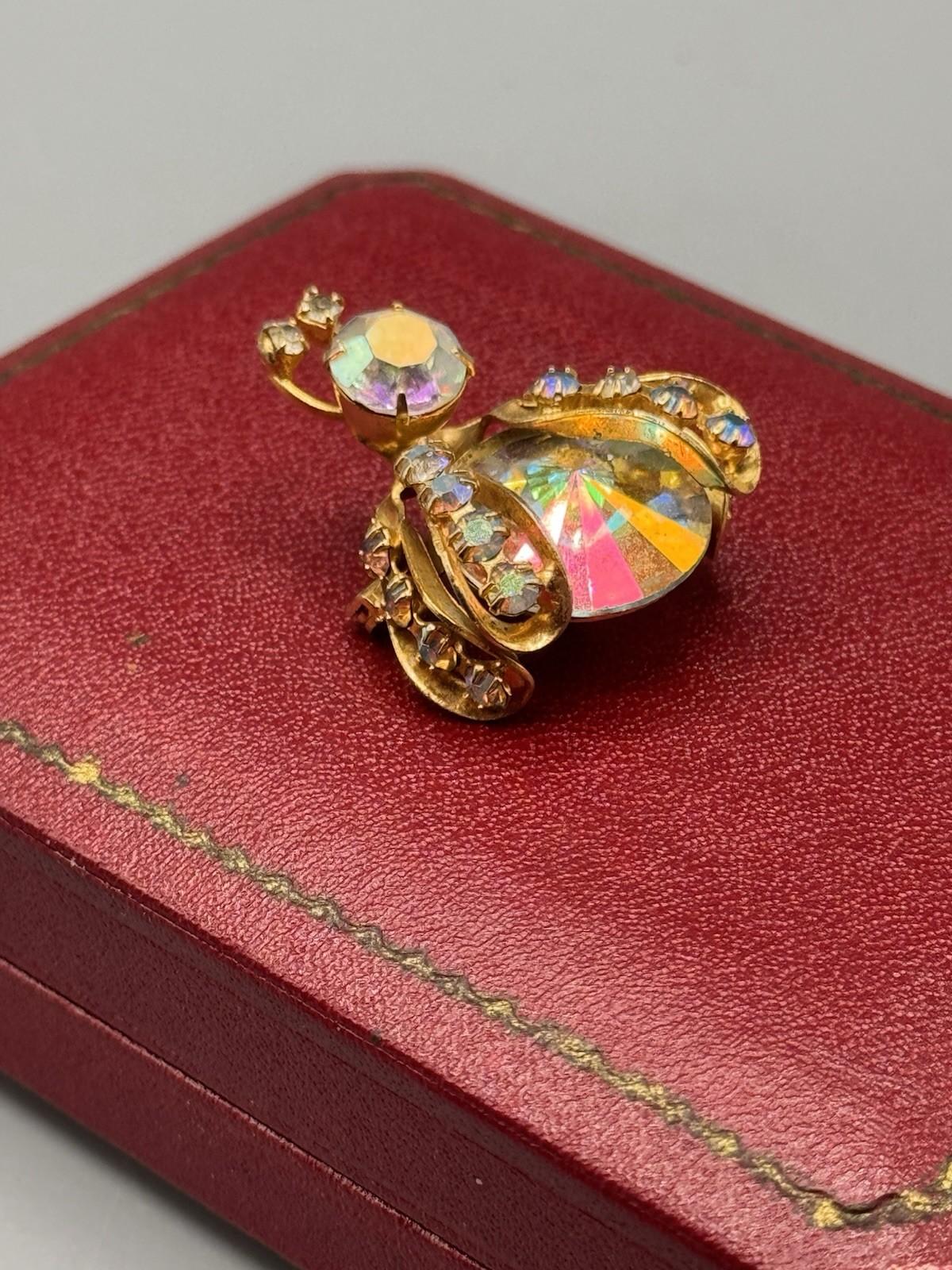 Weiss Bug Brooch Rhinestone AB Crystal Domed Figural Goldtone 1.25”