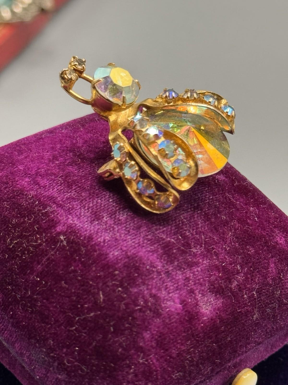 Weiss Bug Brooch Rhinestone AB Crystal Domed Figural Goldtone 1.25”