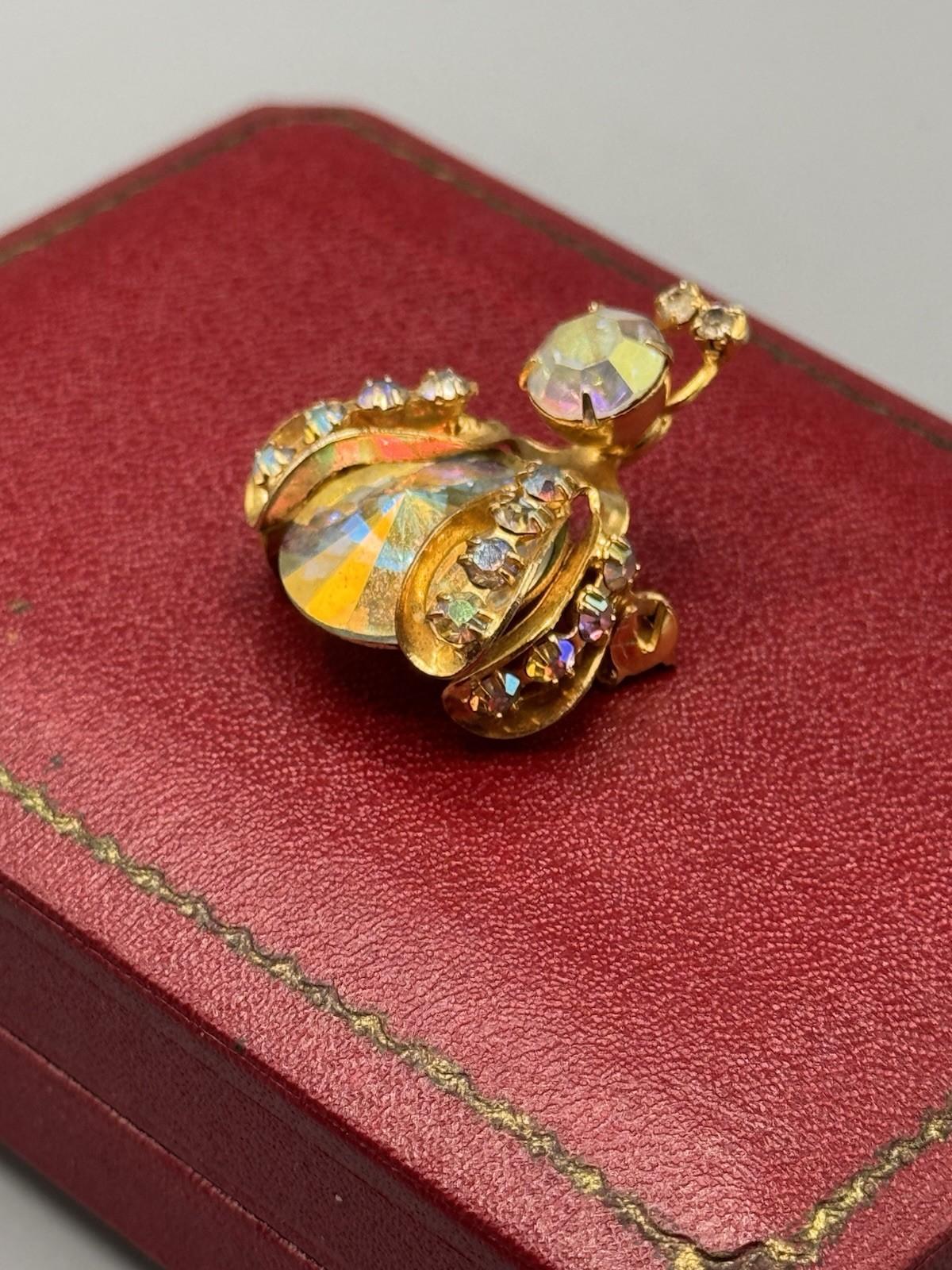 Weiss Bug Brooch Rhinestone AB Crystal Domed Figural Goldtone 1.25”