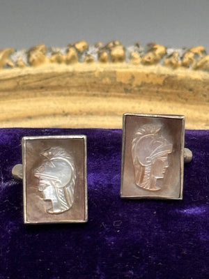 Vintage Silver Abalone Cameo Cufflinks Roman Soldier Intaglio .75”