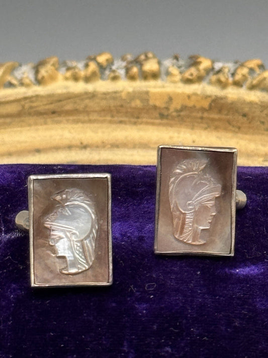 Vintage Silver Abalone Cameo Cufflinks Roman Soldier Intaglio .75”