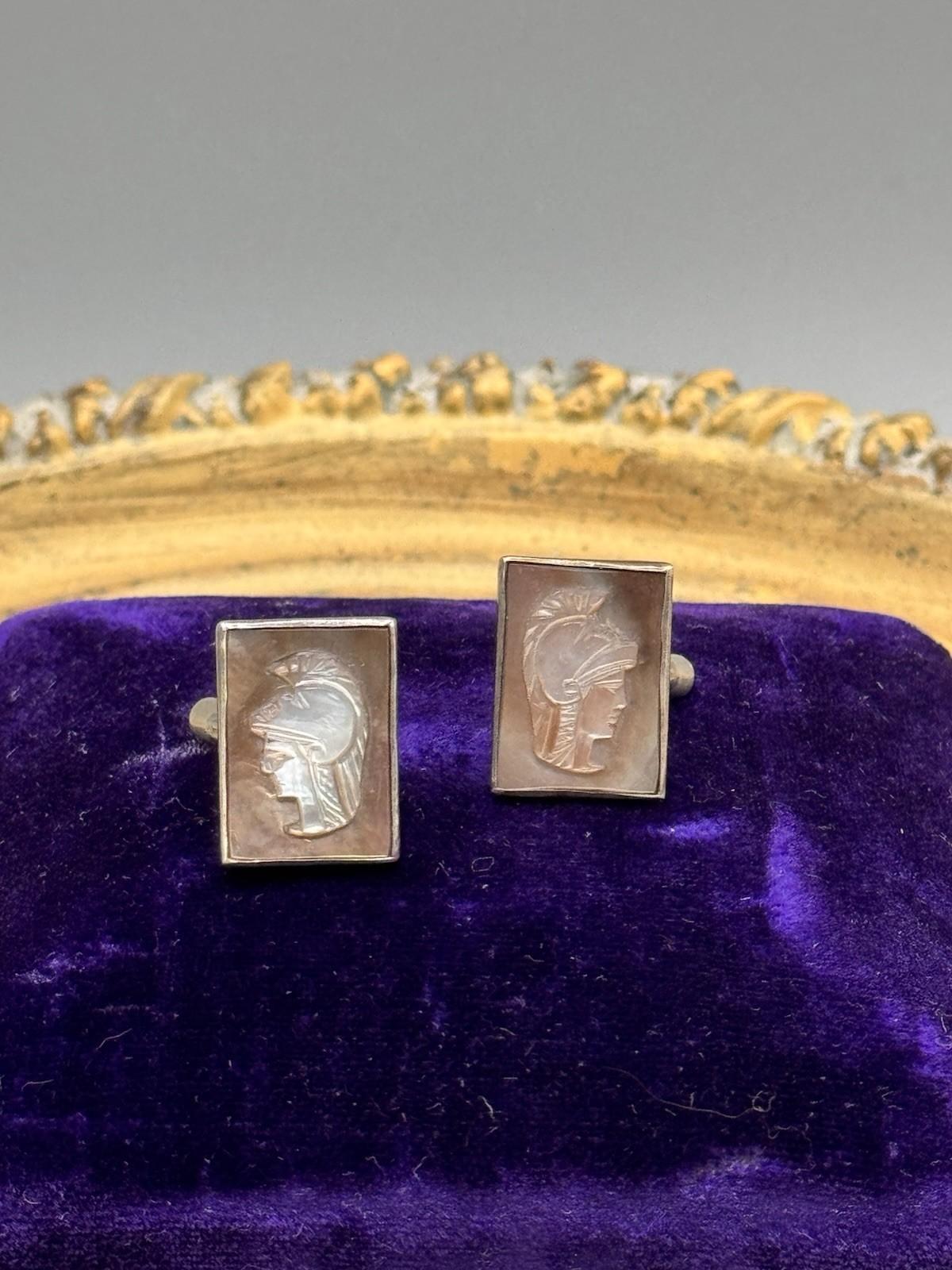 Vintage Silver Abalone Cameo Cufflinks Roman Soldier Intaglio .75”