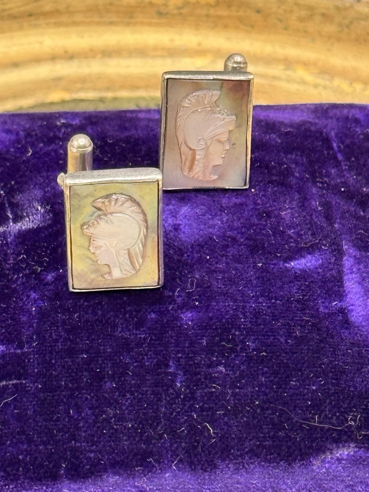 Vintage Silver Abalone Cameo Cufflinks Roman Soldier Intaglio .75”
