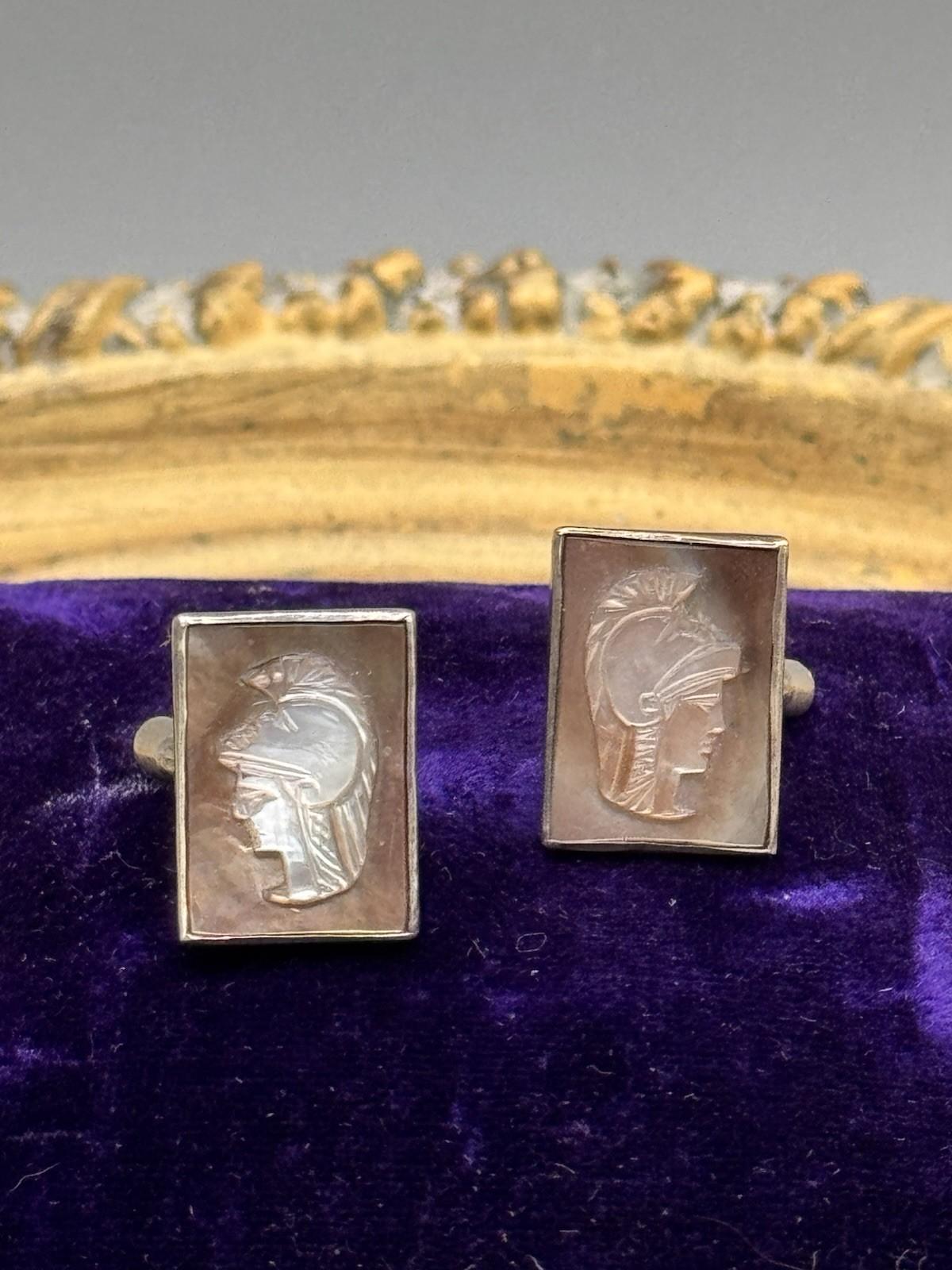 Vintage Silver Abalone Cameo Cufflinks Roman Soldier Intaglio .75”