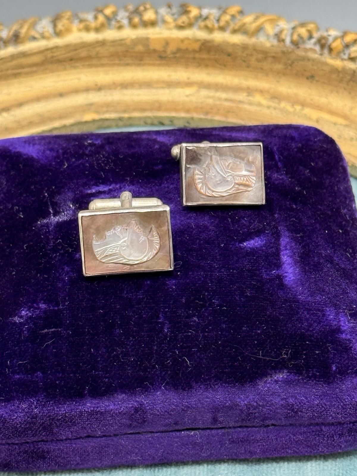 Vintage Silver Abalone Cameo Cufflinks Roman Soldier Intaglio .75”