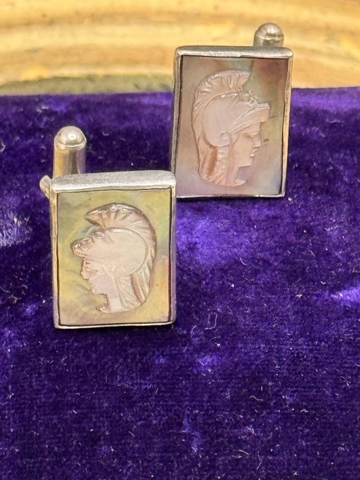 Vintage Silver Abalone Cameo Cufflinks Roman Soldier Intaglio .75”