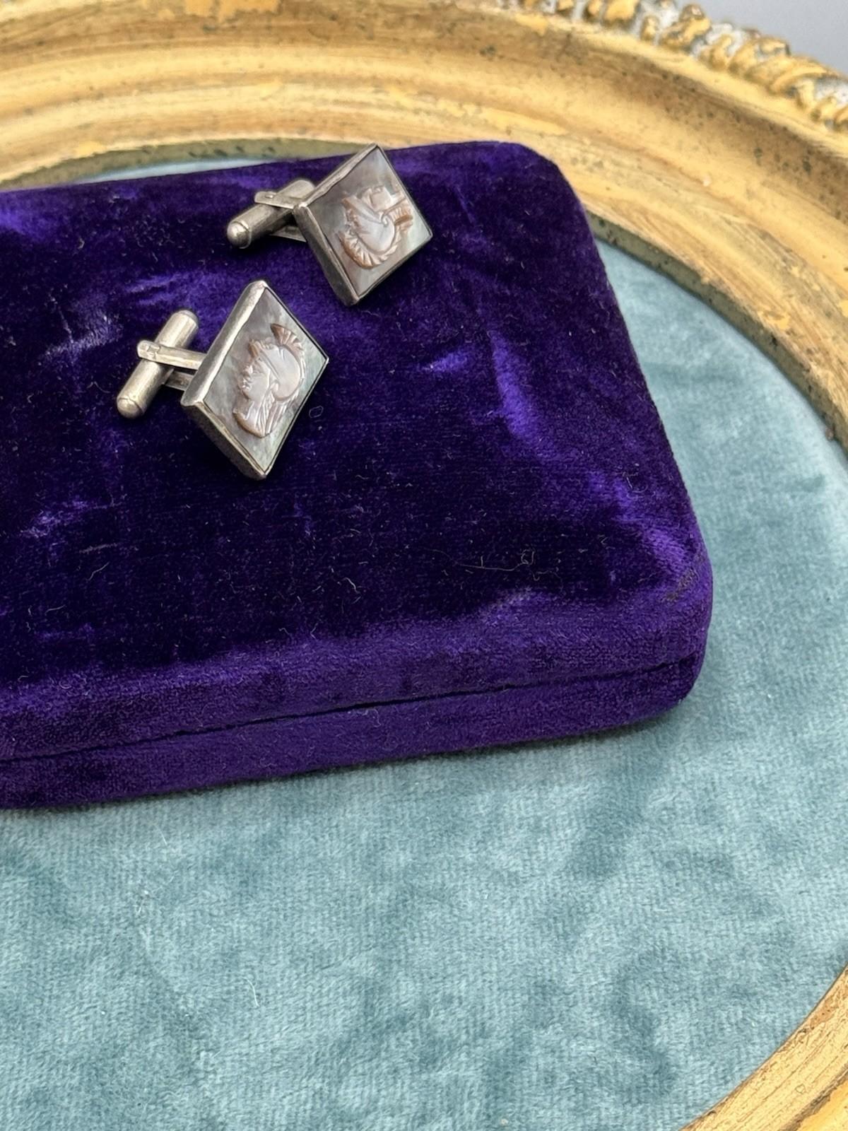 Vintage Silver Abalone Cameo Cufflinks Roman Soldier Intaglio .75”