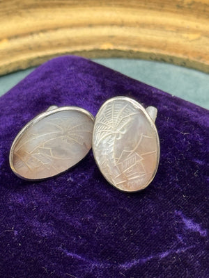 Vintage Silvertone Carved MOP Tropical Landscape Cufflinks Oval 1” x 5/8”
