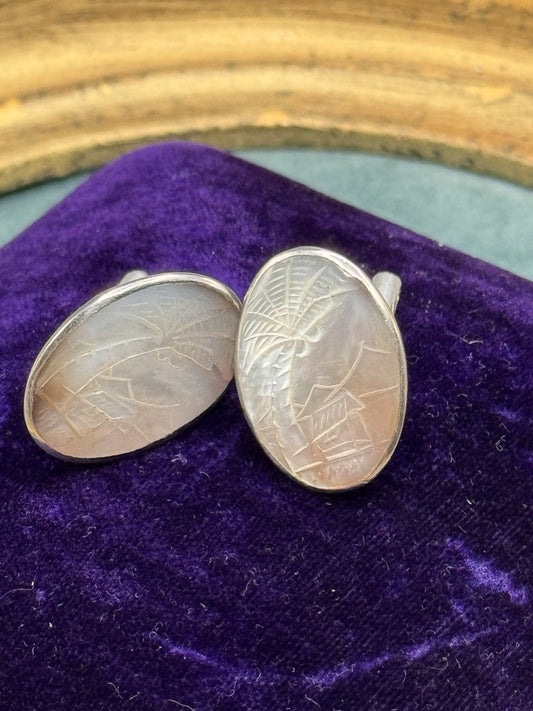 Vintage Silvertone Carved MOP Tropical Landscape Cufflinks Oval 1” x 5/8”
