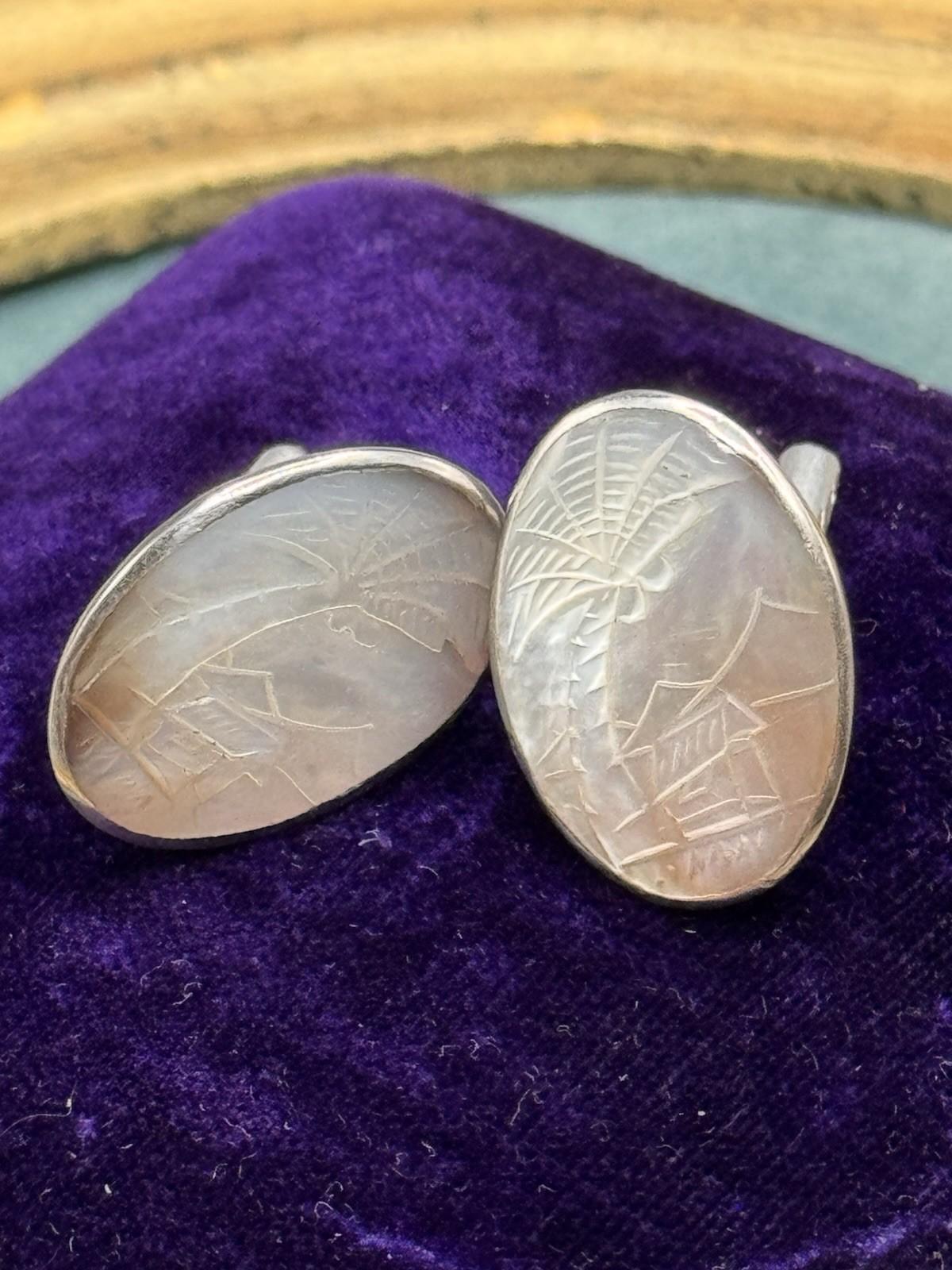 Vintage Silvertone Carved MOP Tropical Landscape Cufflinks Oval 1” x 5/8”