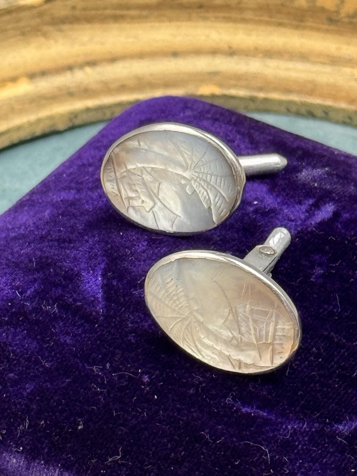 Vintage Silvertone Carved MOP Tropical Landscape Cufflinks Oval 1” x 5/8”