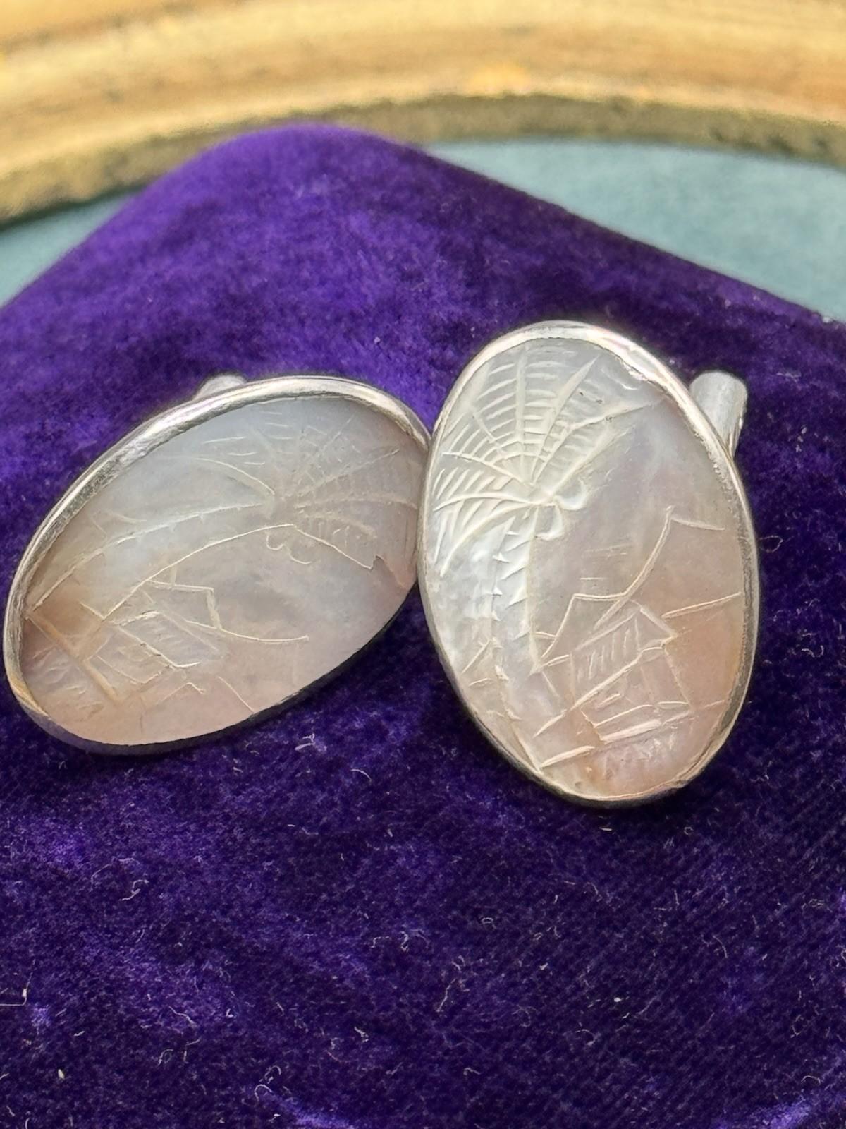 Vintage Silvertone Carved MOP Tropical Landscape Cufflinks Oval 1” x 5/8”