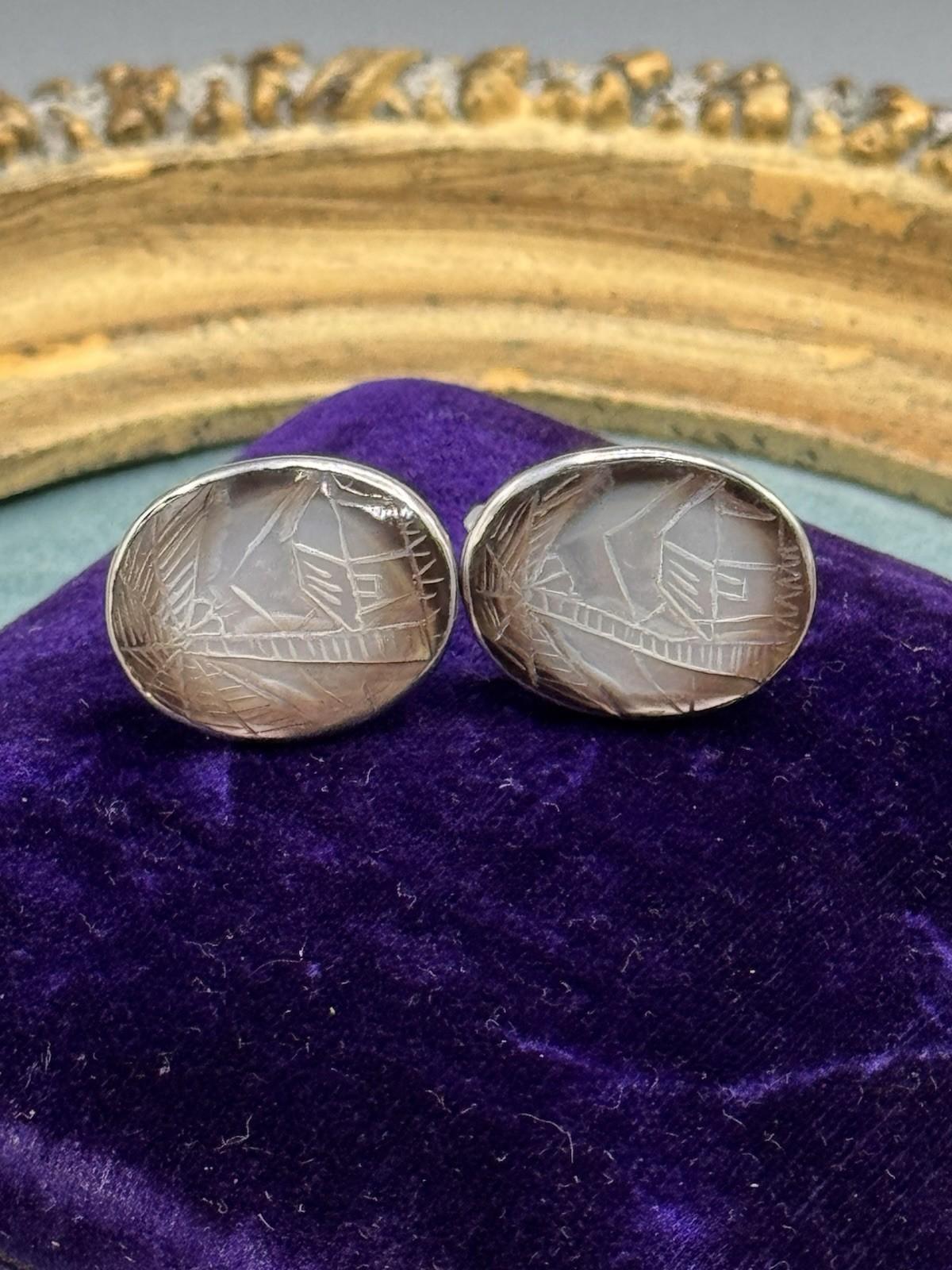Pair Silvertone Abalone Cufflinks Carved Tropical Landscape Oval 7/8” x .75”