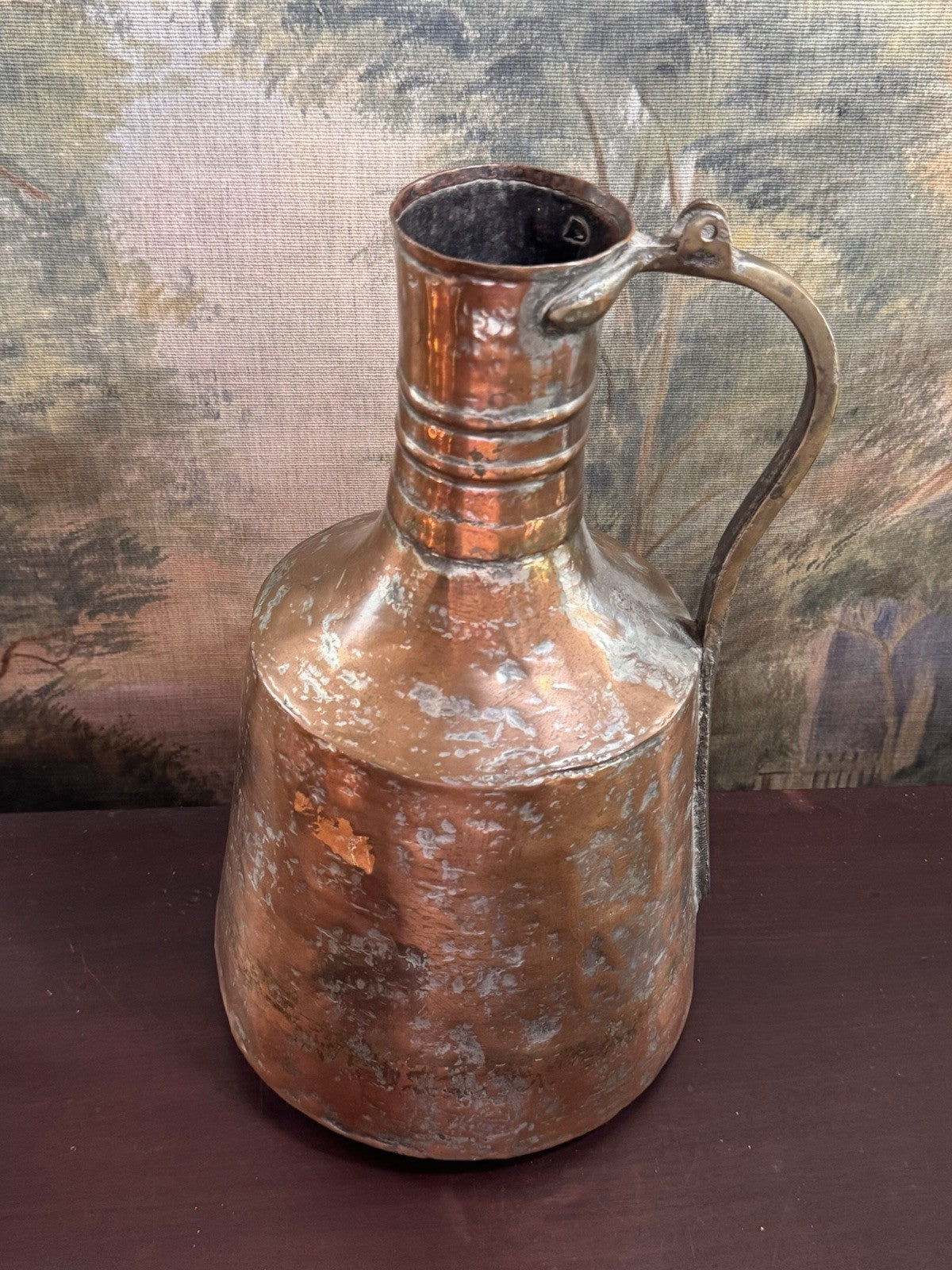 Copper Jug Primitive Farmhouse Rustic Hammered Kitchen Decor 15”