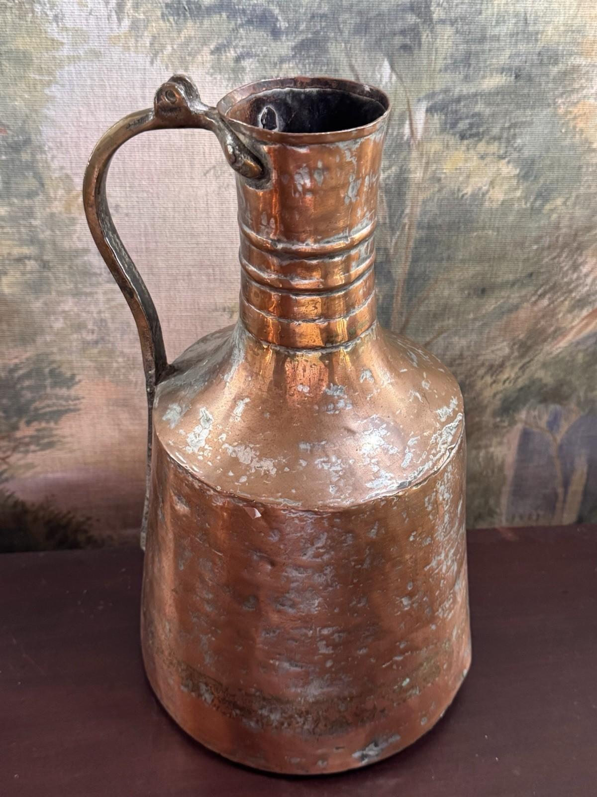 Copper Jug Primitive Farmhouse Rustic Hammered Kitchen Decor 15”