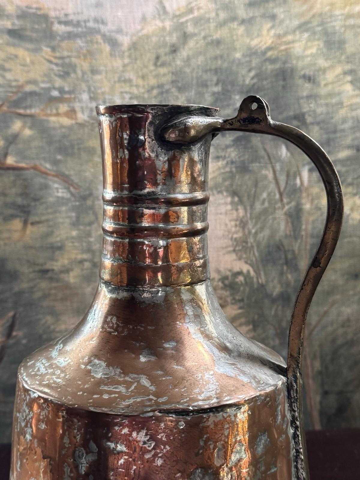 Copper Jug Primitive Farmhouse Rustic Hammered Kitchen Decor 15”