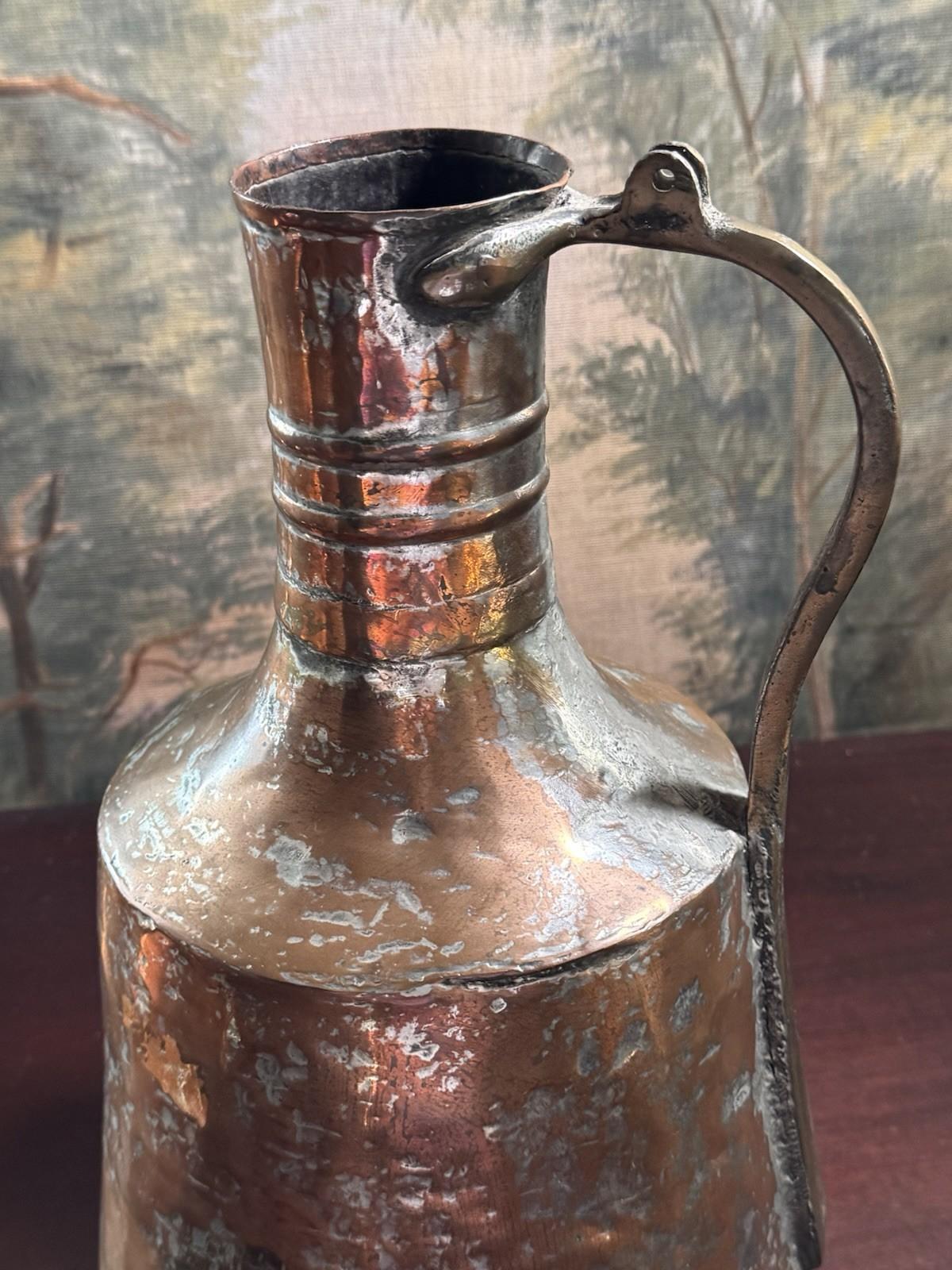 Copper Jug Primitive Farmhouse Rustic Hammered Kitchen Decor 15”