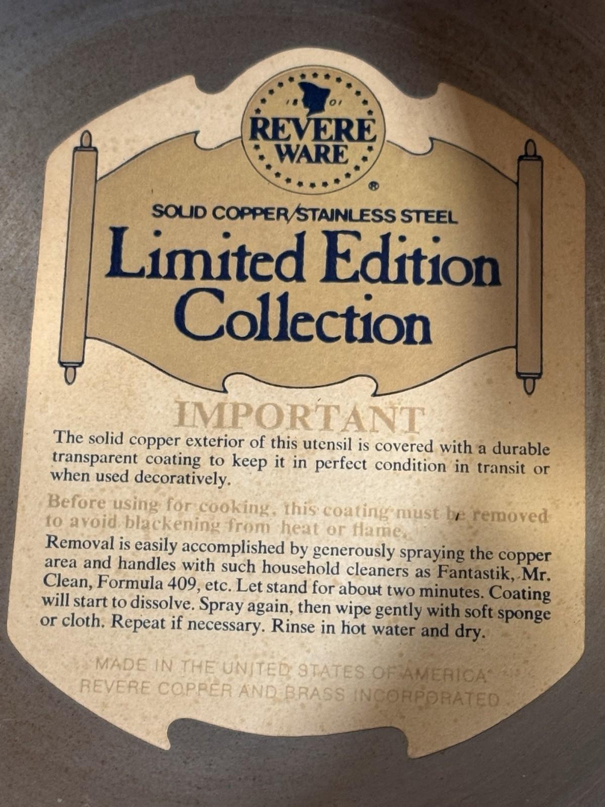 Revere Ware Copper Saucepan Lid Paul Revere Limited Edition 6.5”