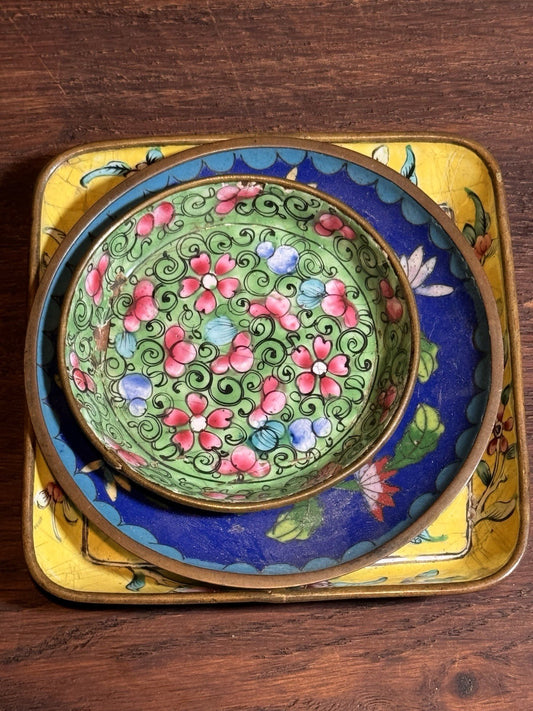 Vintage Chinese Cloisonné Enamel Trinket Dish Set 3 Floral Plates Damaged‼️