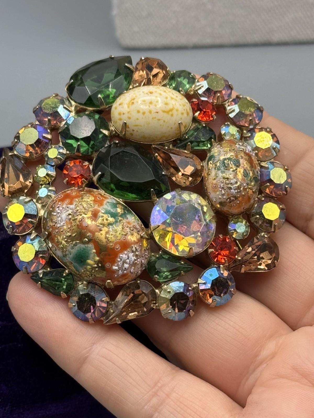 Vintage Juliana D&E Easter Egg Brooch Rhinestone Art Glass 2.5” Statement