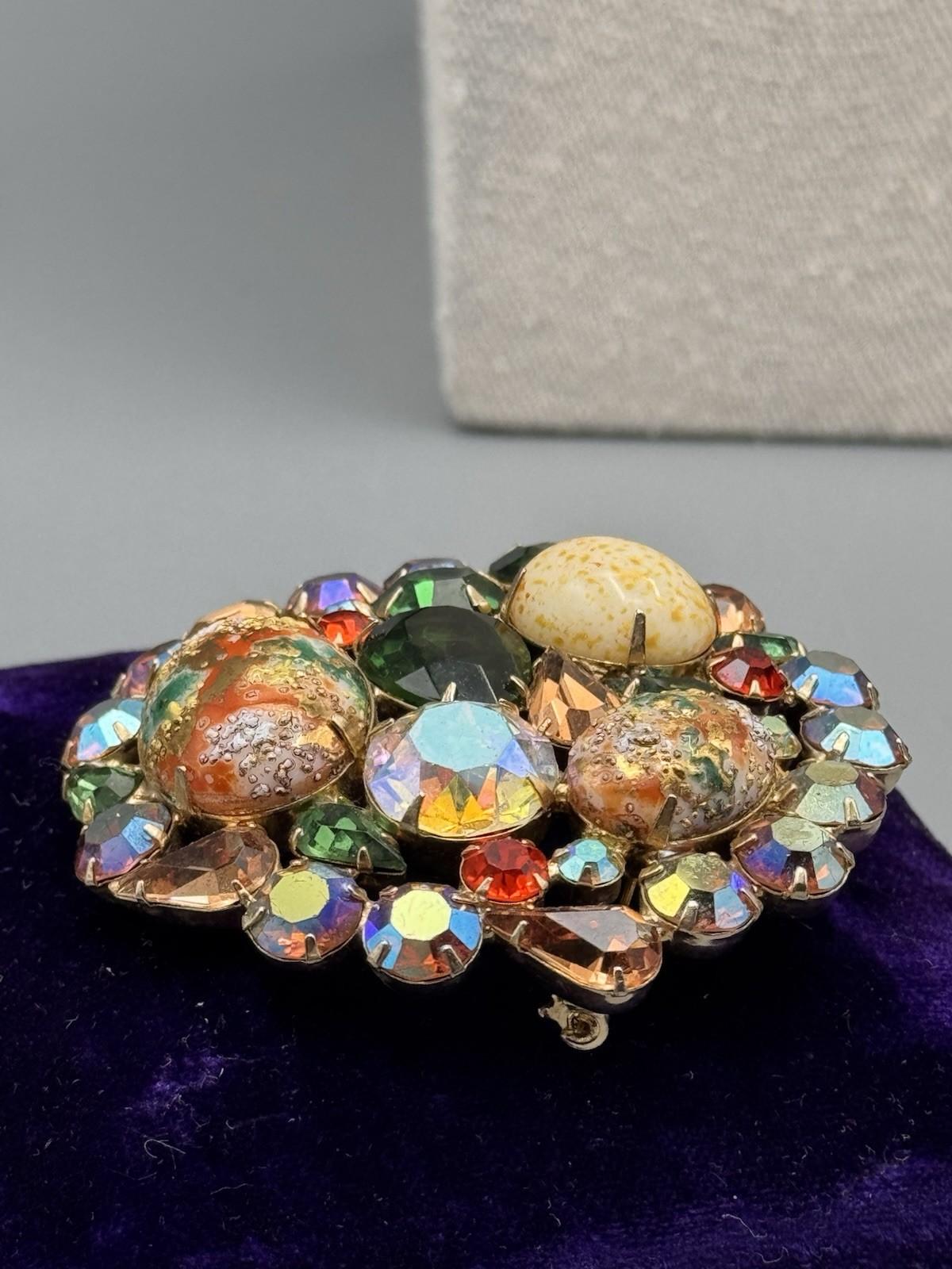 Vintage Juliana D&E Easter Egg Brooch Rhinestone Art Glass 2.5” Statement