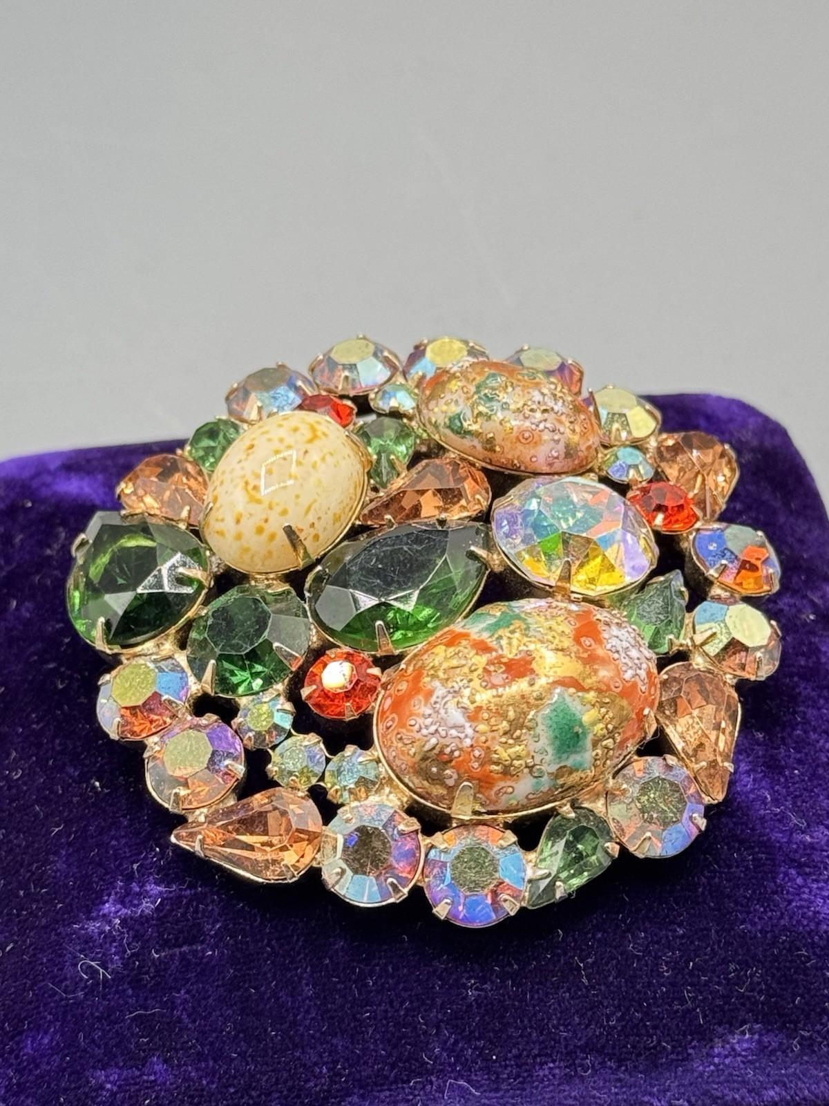 Vintage Juliana D&E Easter Egg Brooch Rhinestone Art Glass 2.5” Statement