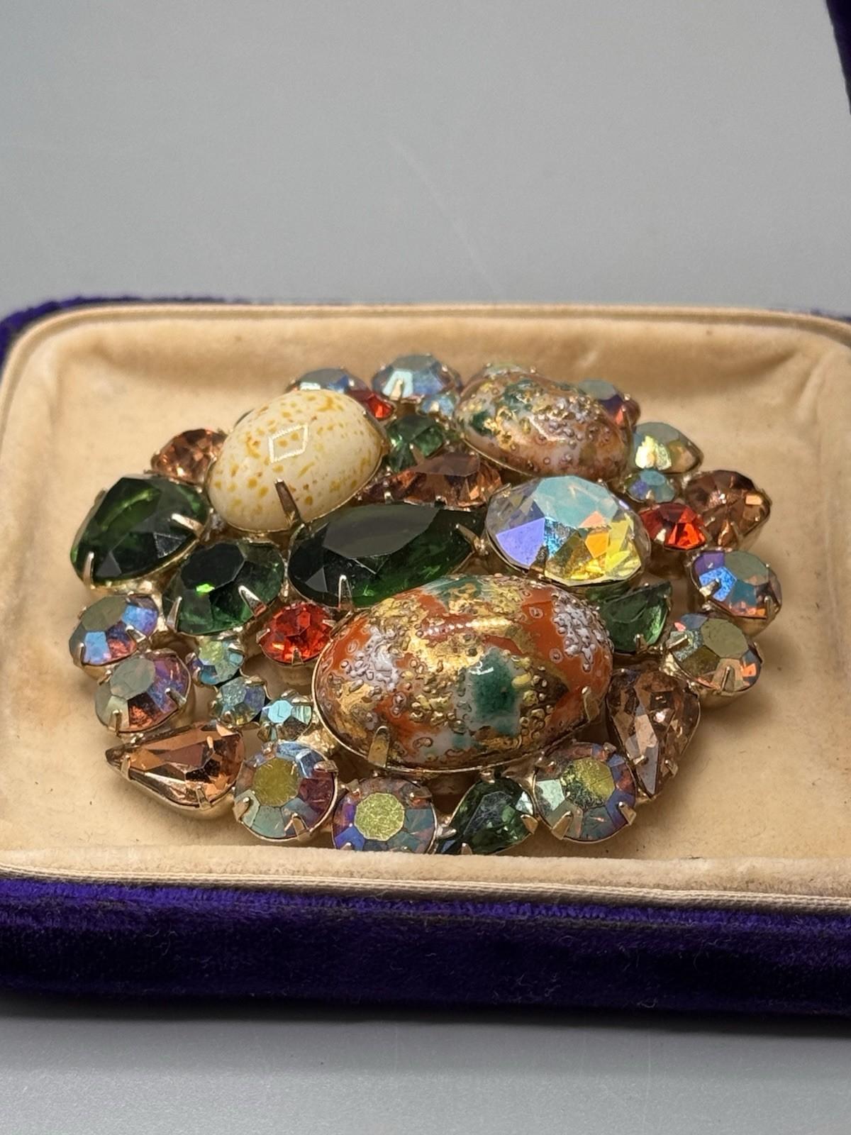 Vintage Juliana D&E Easter Egg Brooch Rhinestone Art Glass 2.5” Statement