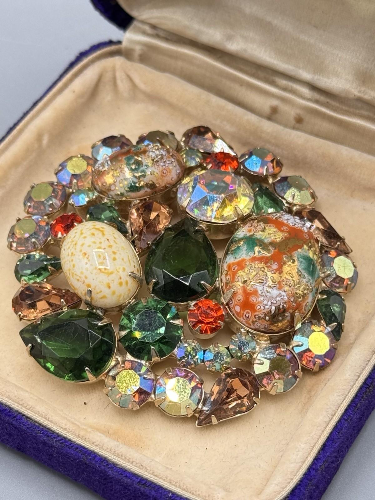 Vintage Juliana D&E Easter Egg Brooch Rhinestone Art Glass 2.5” Statement