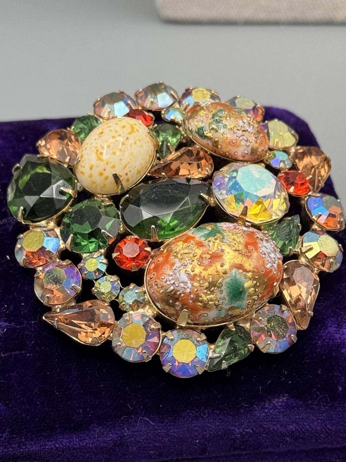 Vintage Juliana D&E Easter Egg Brooch Rhinestone Art Glass 2.5” Statement
