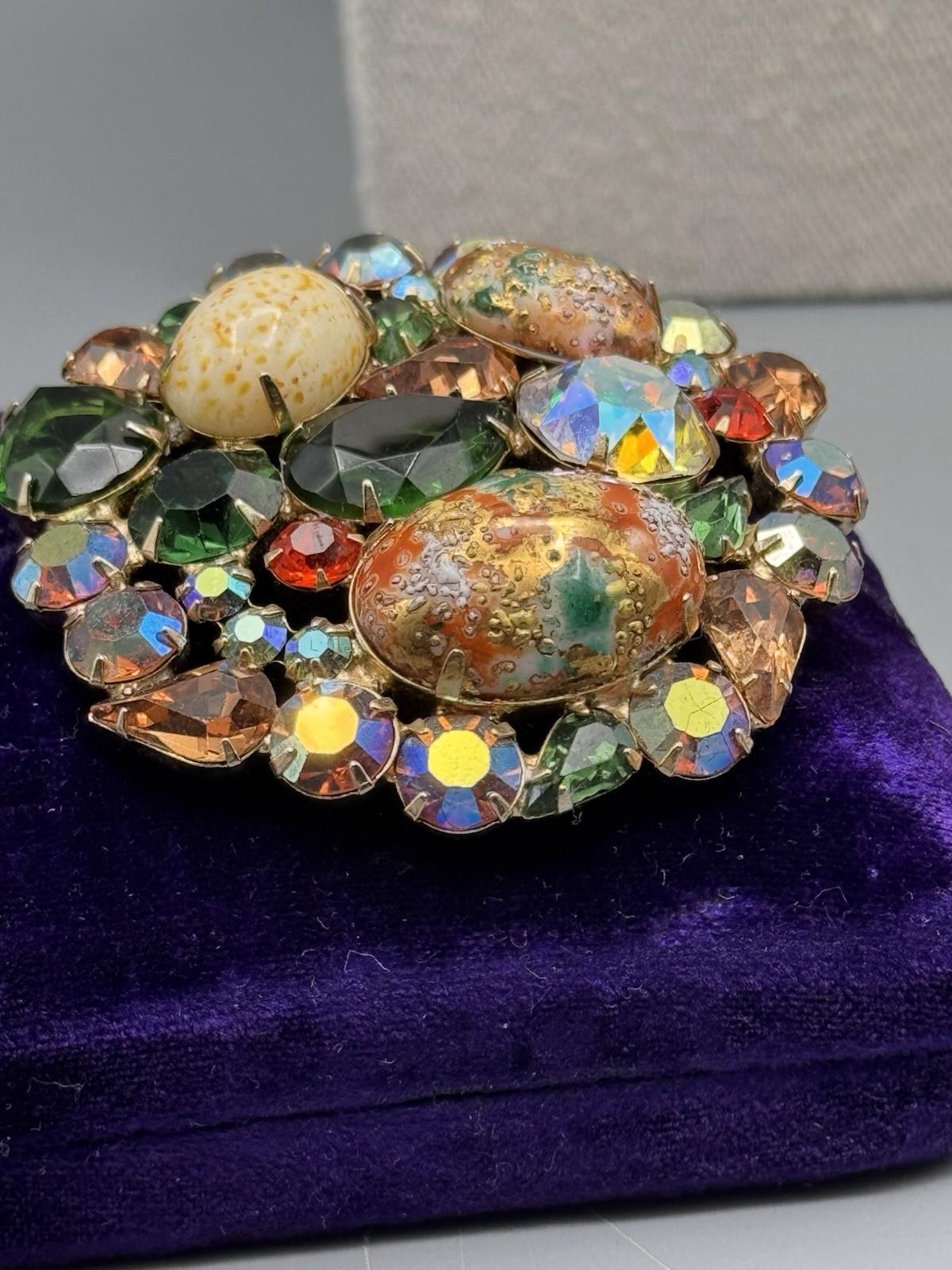 Vintage Juliana D&E Easter Egg Brooch Rhinestone Art Glass 2.5” Statement