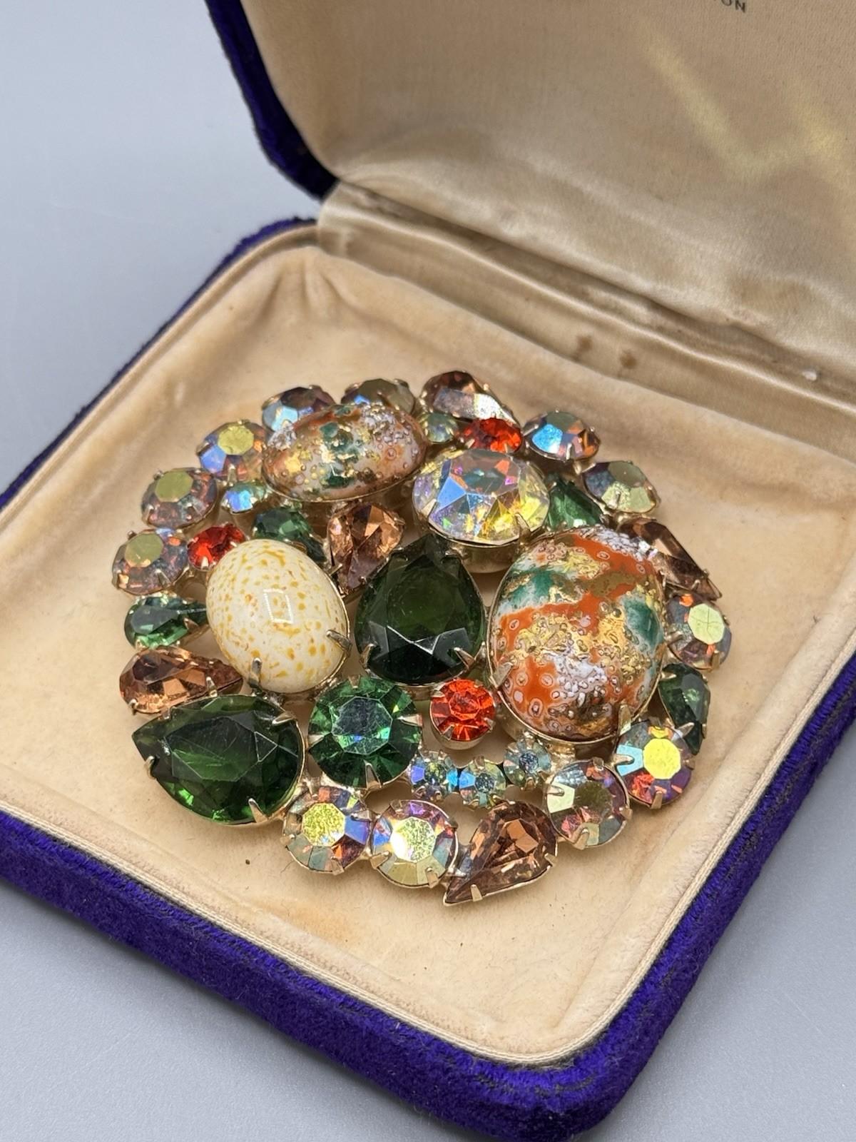 Vintage Juliana D&E Easter Egg Brooch Rhinestone Art Glass 2.5” Statement