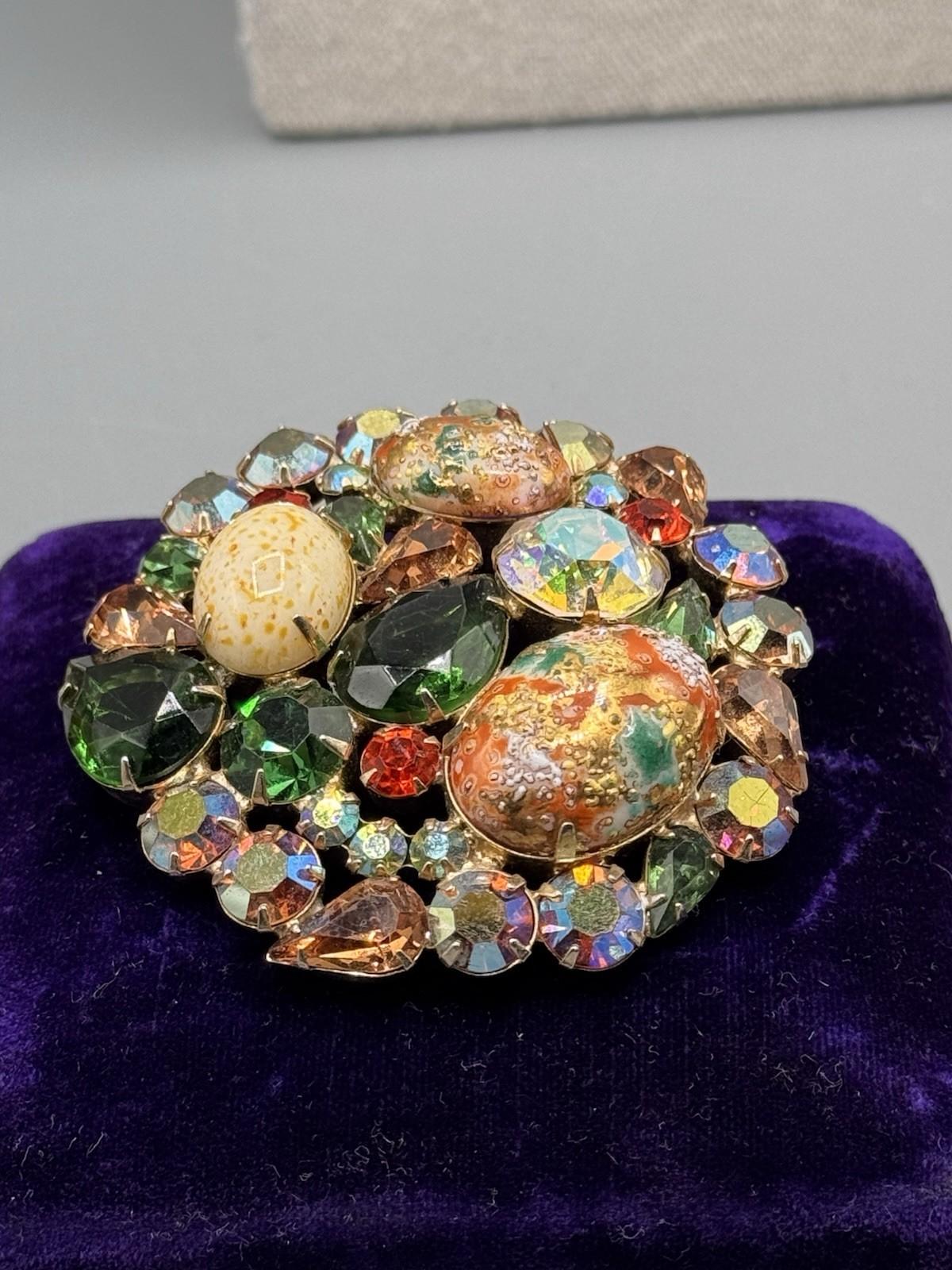 Vintage Juliana D&E Easter Egg Brooch Rhinestone Art Glass 2.5” Statement