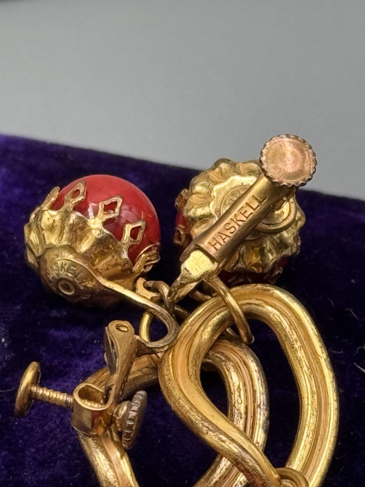 Vintage Miriam Haskell Earrings Red Marbled Bead Goldtone Dangle Signed 2.5”