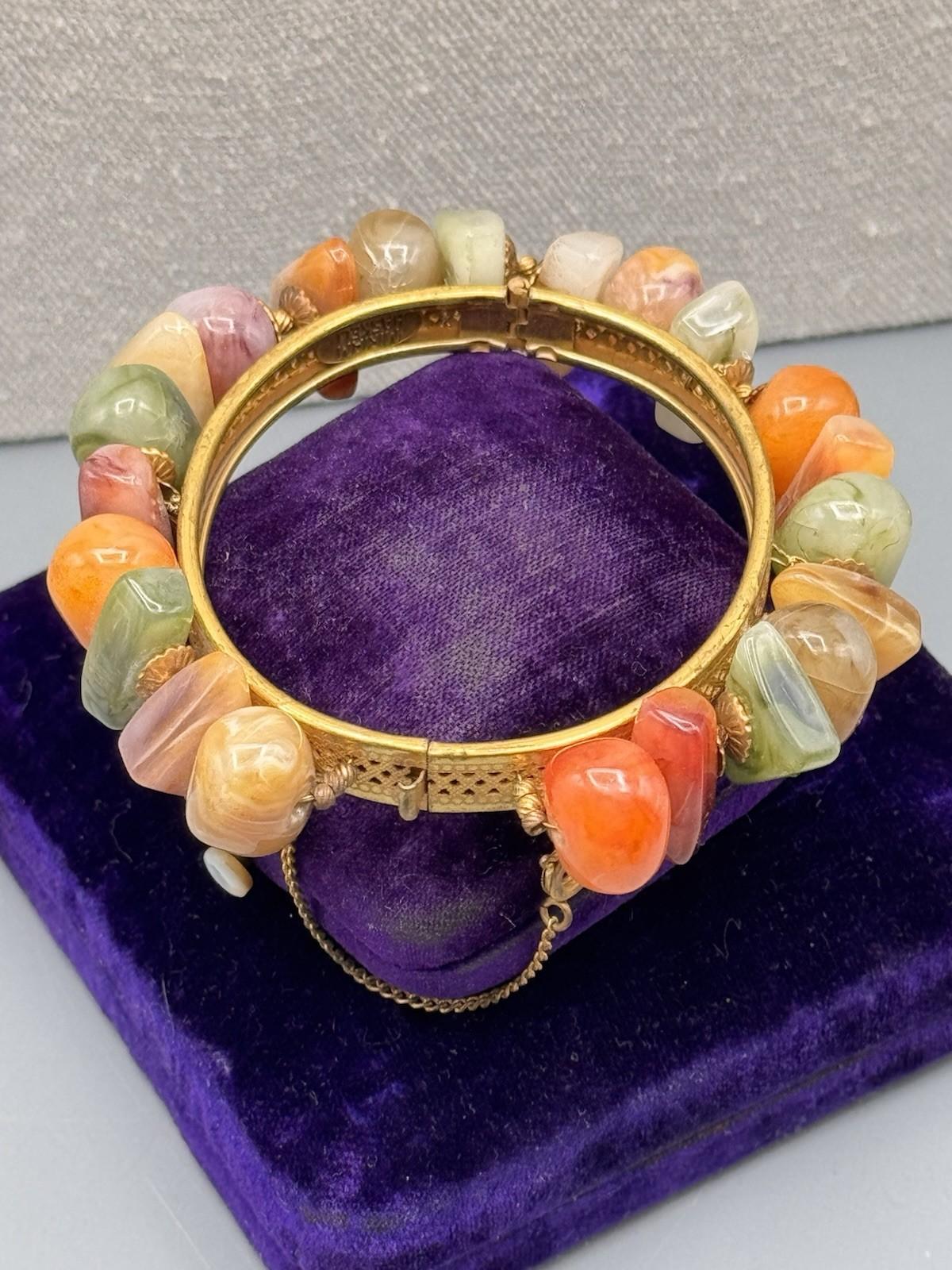 Signed Miriam Haskell Hinged Bracelet Goldtone Lucite Nugget Beads 6.5”