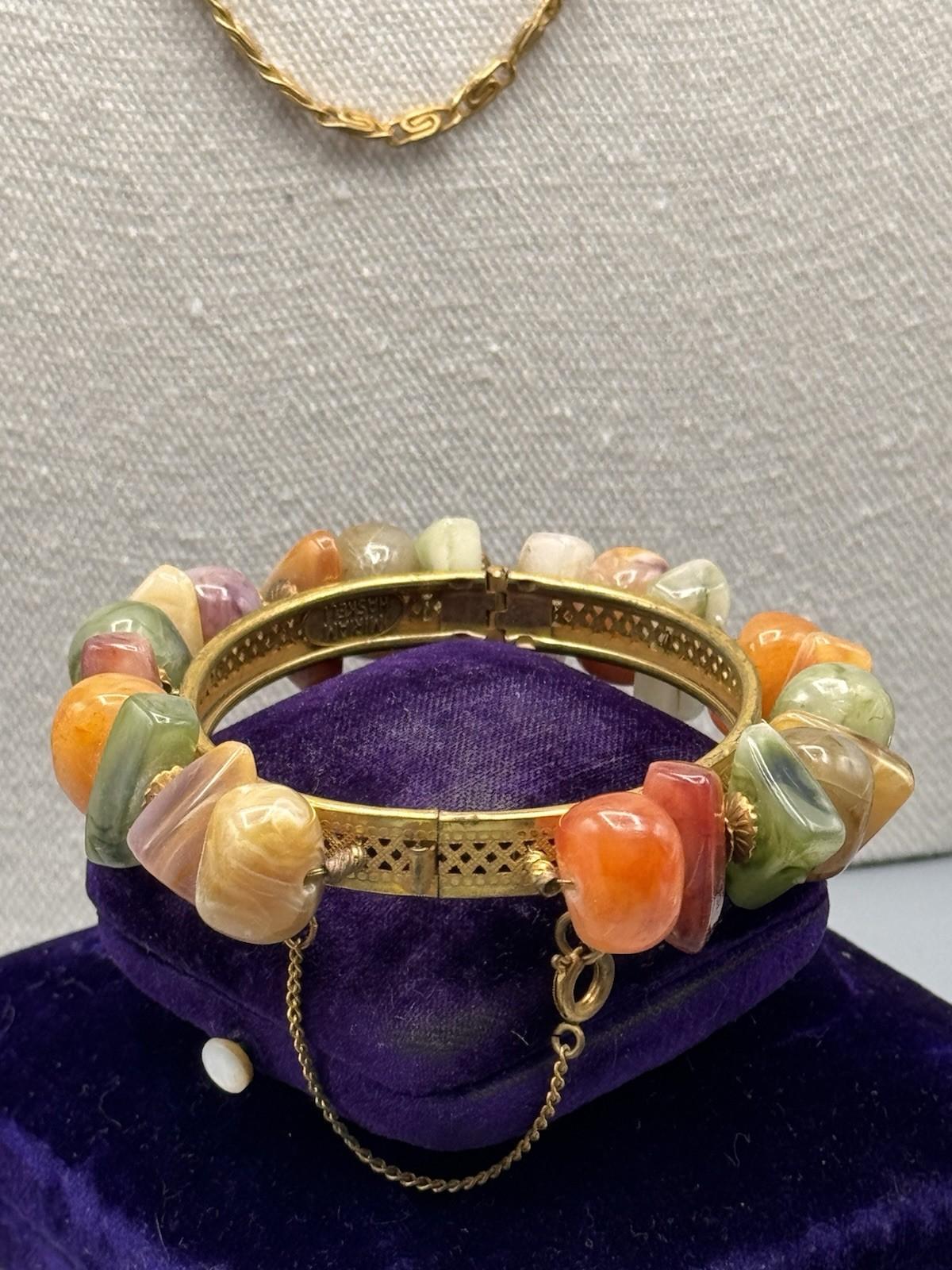 Signed Miriam Haskell Hinged Bracelet Goldtone Lucite Nugget Beads 6.5”