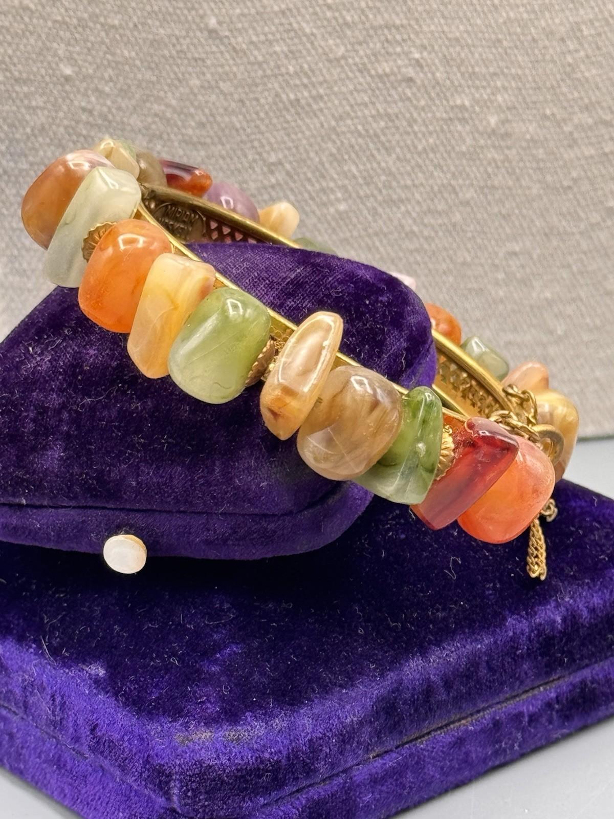 Signed Miriam Haskell Hinged Bracelet Goldtone Lucite Nugget Beads 6.5”