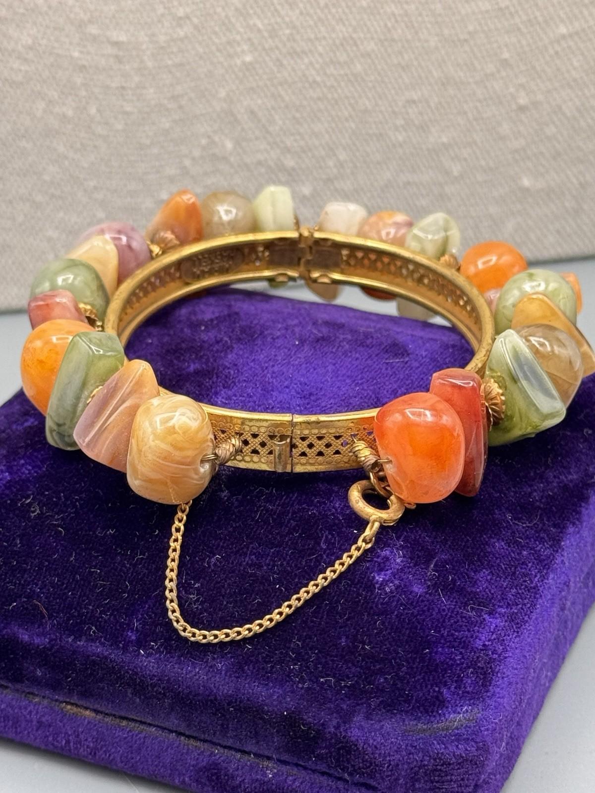 Signed Miriam Haskell Hinged Bracelet Goldtone Lucite Nugget Beads 6.5”