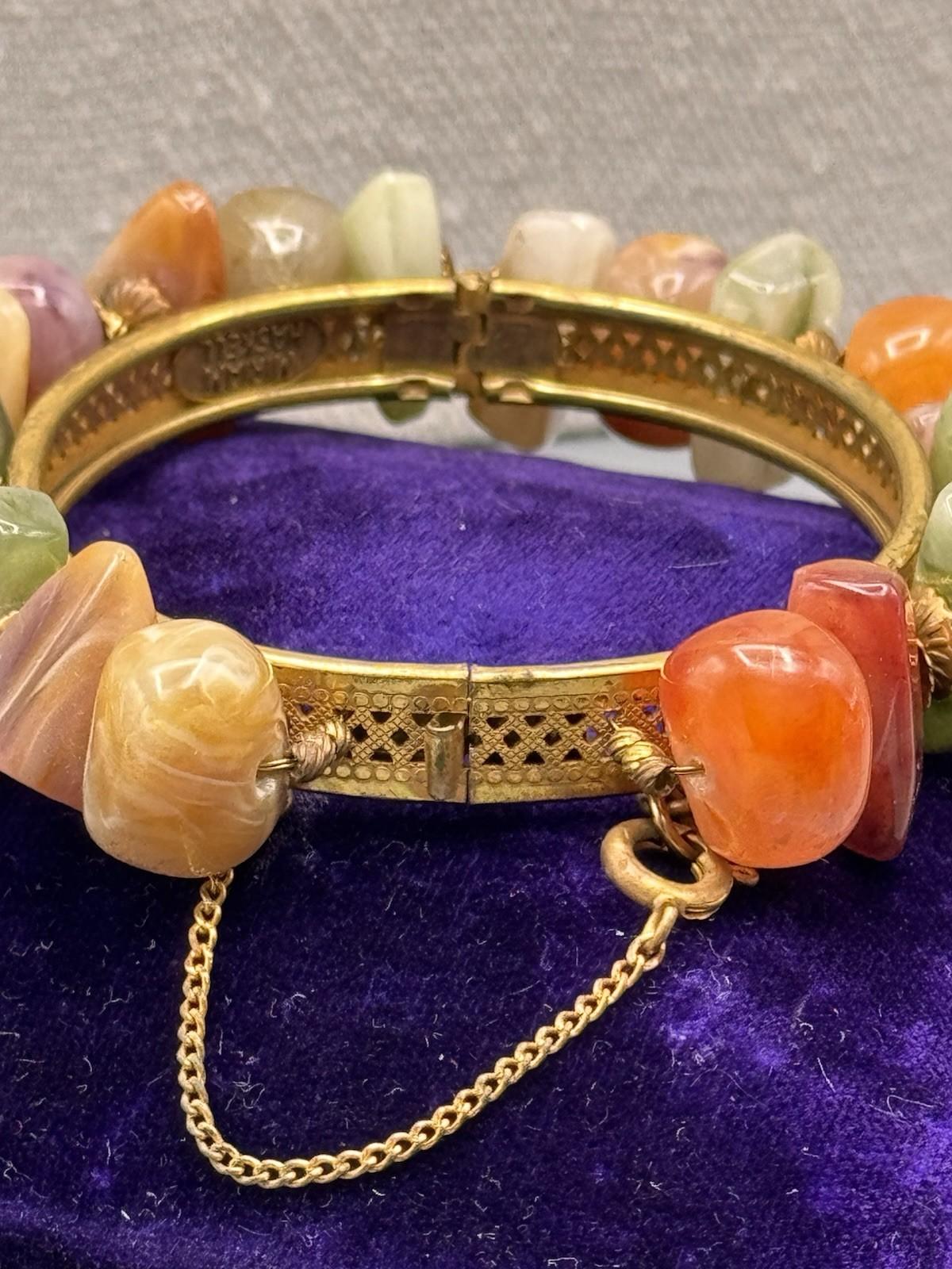 Signed Miriam Haskell Hinged Bracelet Goldtone Lucite Nugget Beads 6.5”