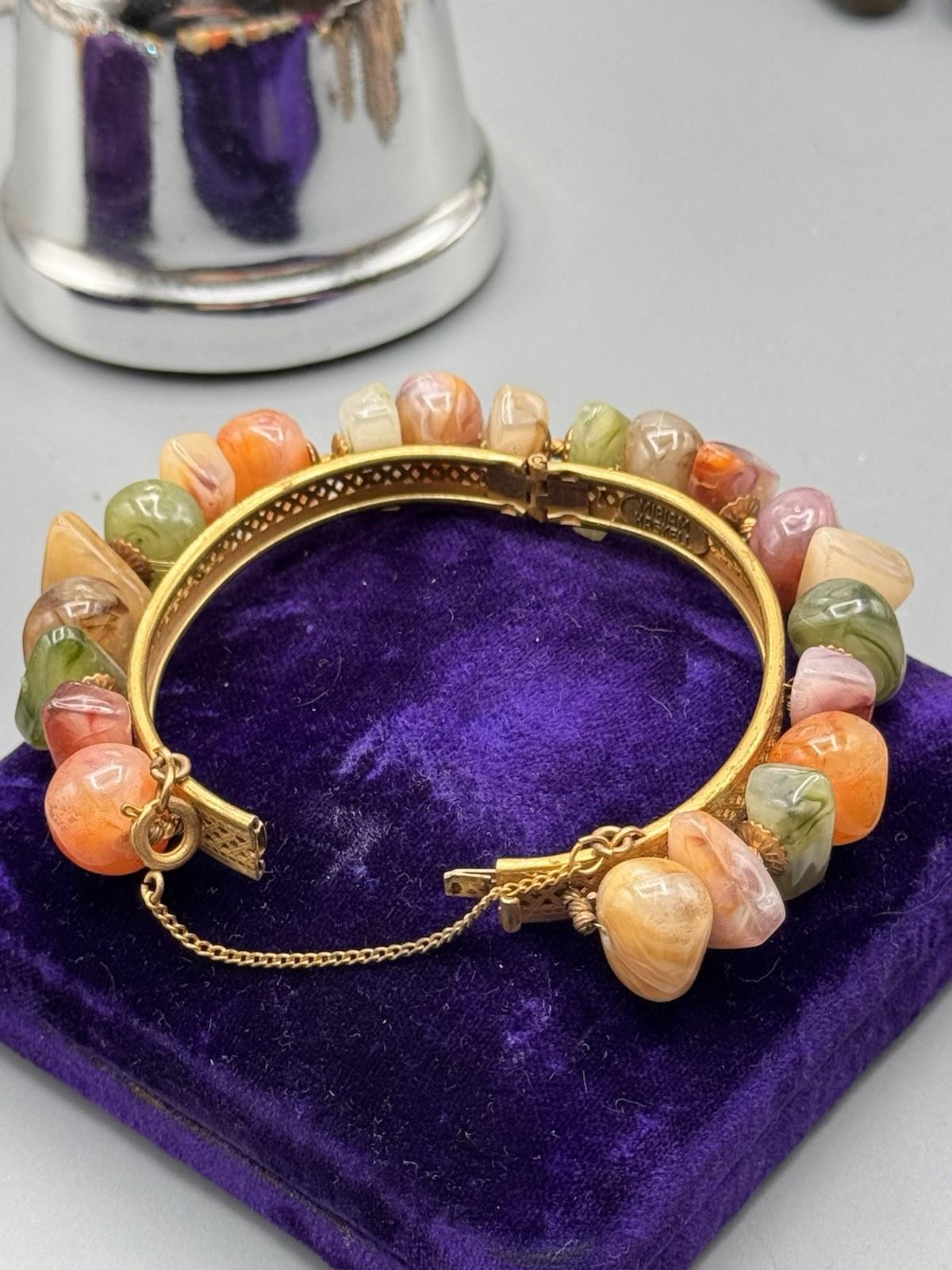 Signed Miriam Haskell Hinged Bracelet Goldtone Lucite Nugget Beads 6.5”