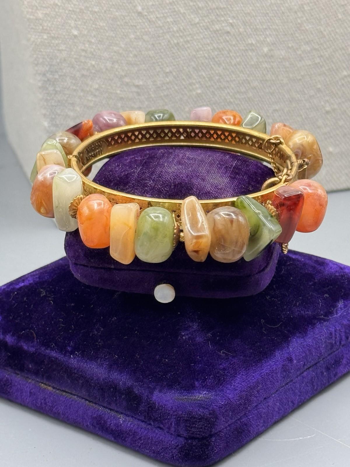 Signed Miriam Haskell Hinged Bracelet Goldtone Lucite Nugget Beads 6.5”
