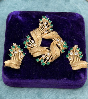 Vintage Crown Trifari Brooch Earring Set Green Clear Rhinestones Goldtone