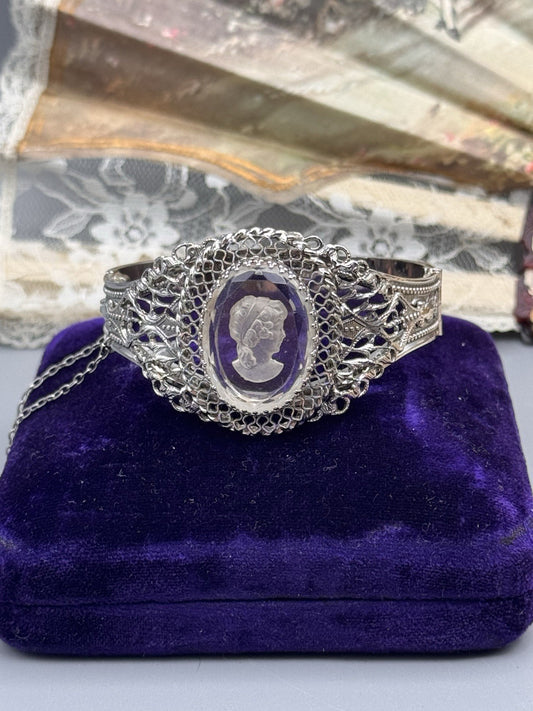 Whiting & Davis Cameo Bangle Clear Crystal Hinged Bracelet Silvertone 6.5”
