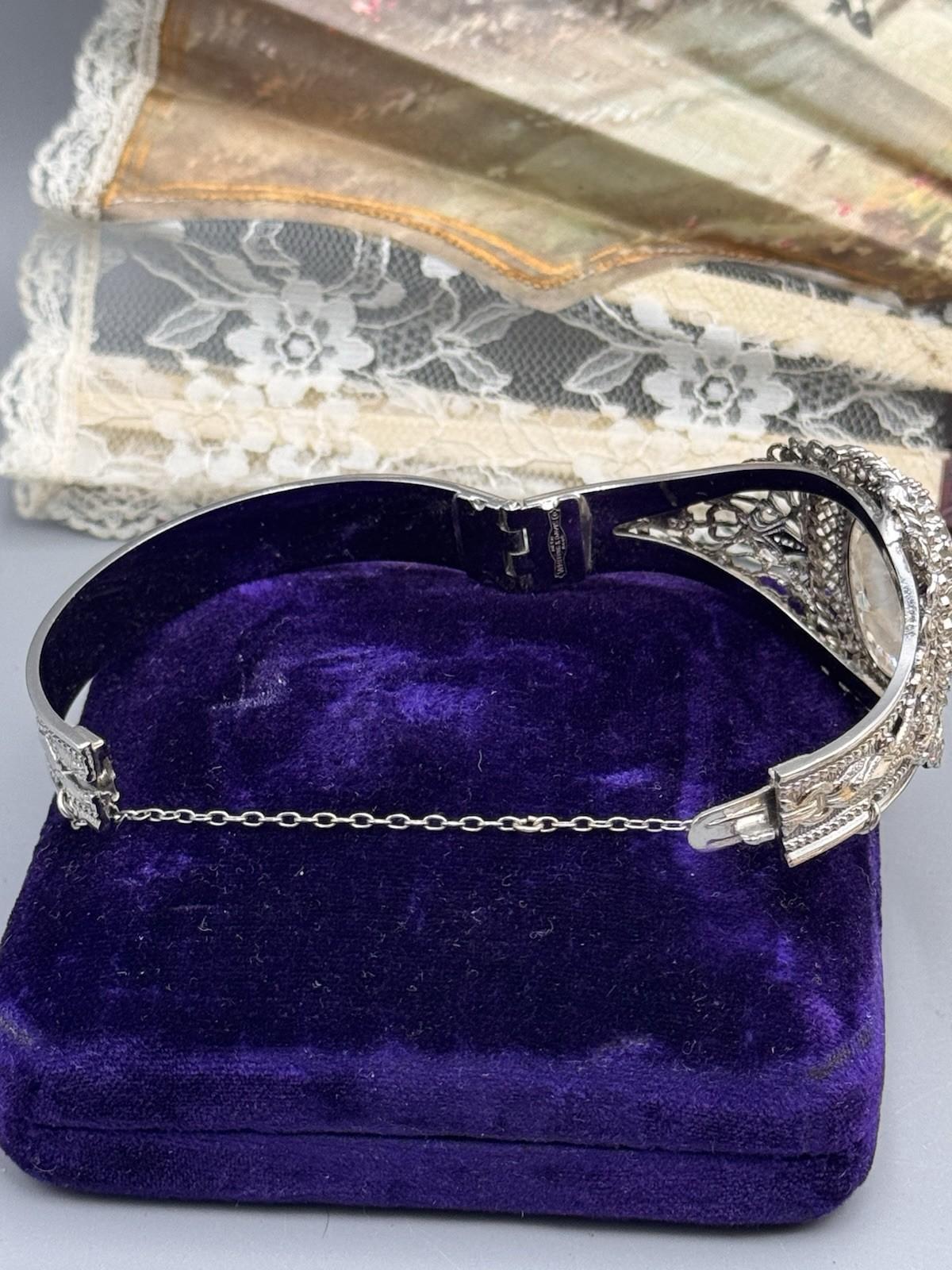 Whiting & Davis Cameo Bangle Clear Crystal Hinged Bracelet Silvertone 6.5”