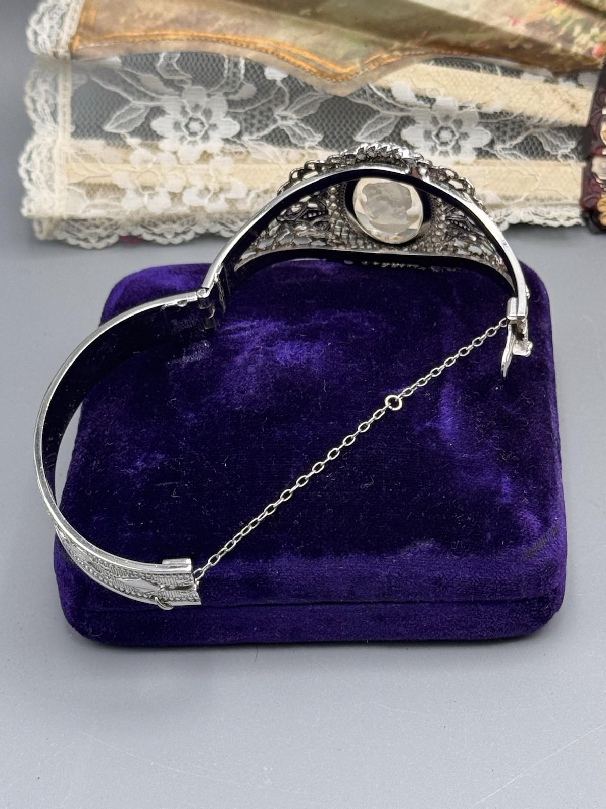 Whiting & Davis Cameo Bangle Clear Crystal Hinged Bracelet Silvertone 6.5”