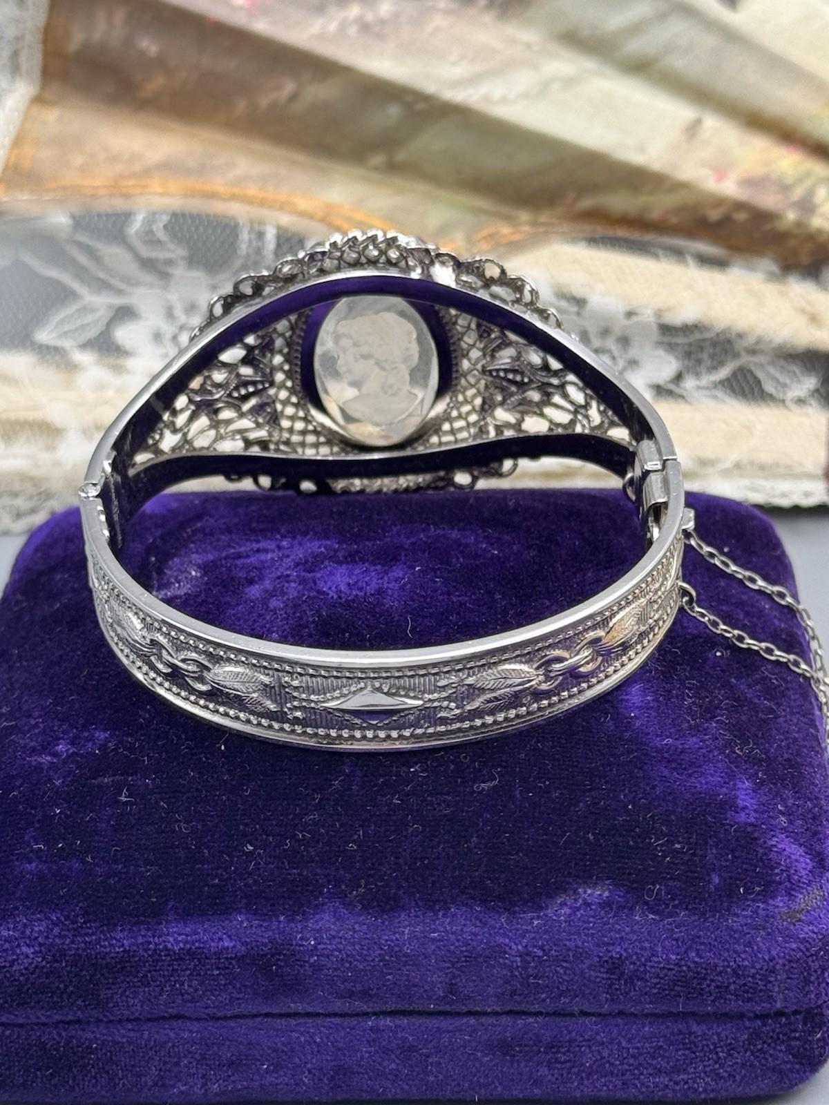 Whiting & Davis Cameo Bangle Clear Crystal Hinged Bracelet Silvertone 6.5”
