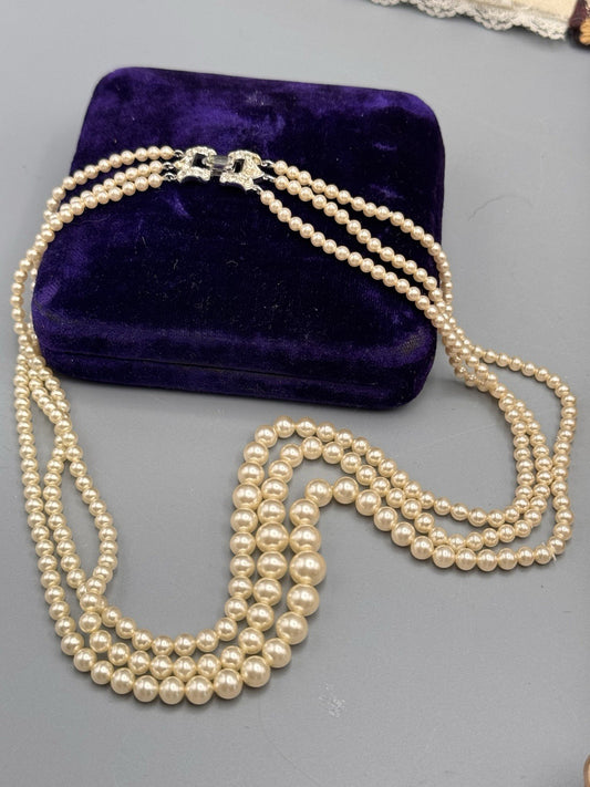 Crown Trifari Graduated Faux Pearl Necklace 3 Strand Sterling Clasp 16.5”