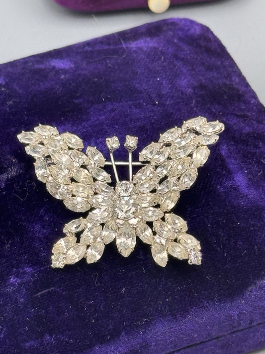 Vintage Rhinestone Butterfly Brooch Clear Crystal Silvertone 1.75”