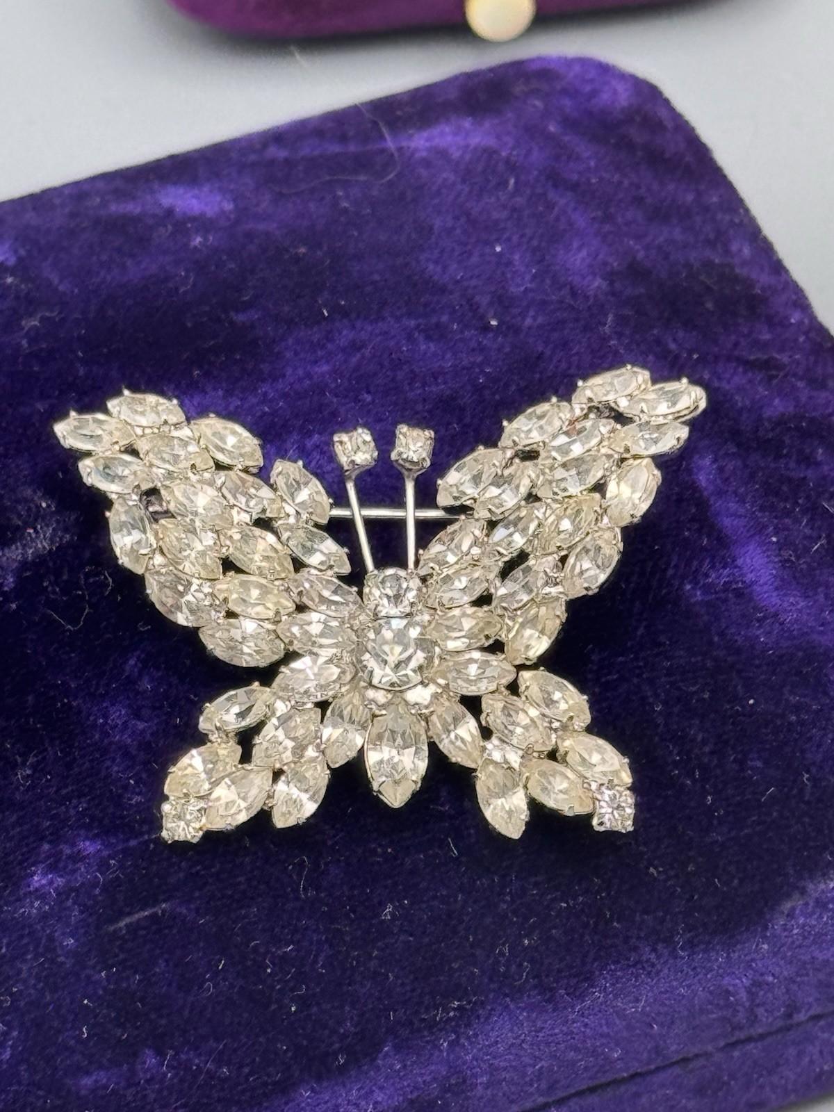 Vintage Rhinestone Butterfly Brooch Clear Crystal Silvertone 1.75”
